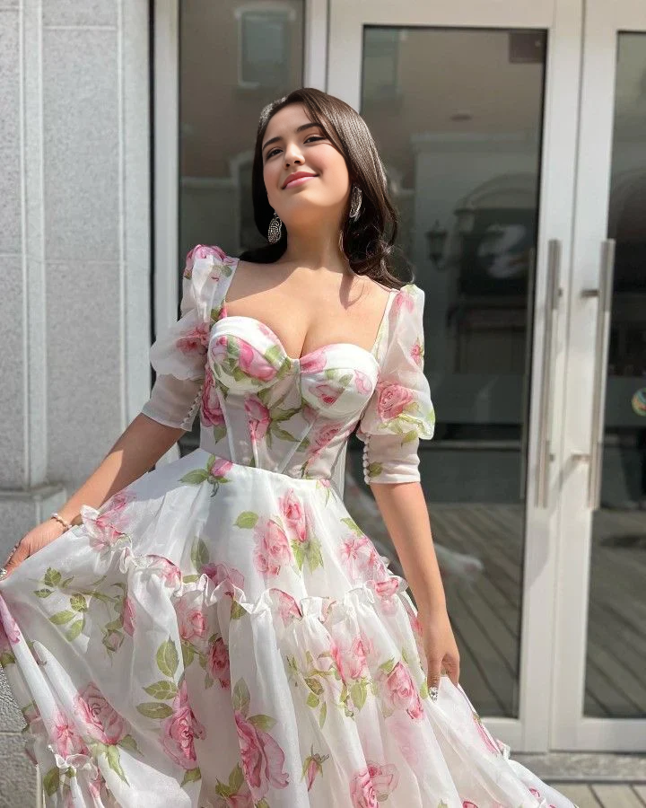 Robes de soirée Weitese à fleurs, décolleté en cœur, coupe trapèze, manches mi-longues, en mousseline, robe de soirée longue, robes de bal, boutiques, robes formelles pour femmes